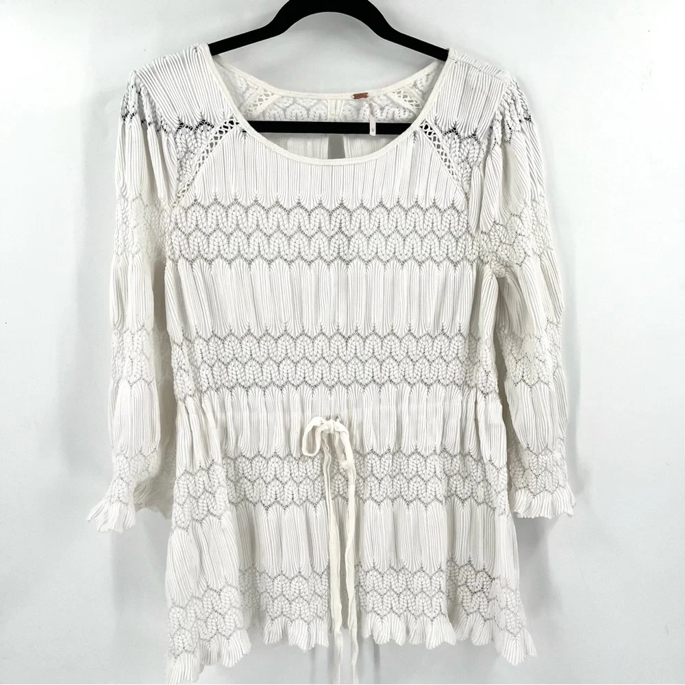 FREE PEOPLE Fire Island Crochet Blouse L Tie Waist Cottage Coquette Boho Top